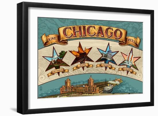 Chicago, Illinois - Four Stars-Lantern Press-Framed Art Print