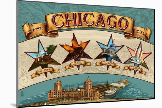 Chicago, Illinois - Four Stars-Lantern Press-Mounted Art Print