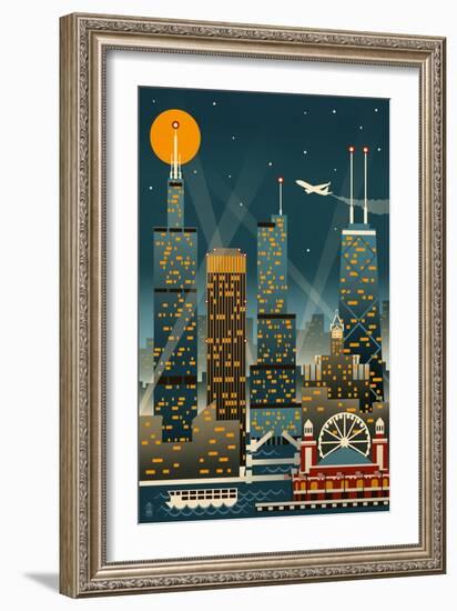 Chicago Illinois - Retro Skyline (no text) - Lantern Press Original Poster-Lantern Press-Framed Art Print