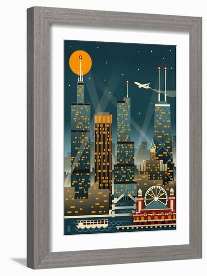 Chicago Illinois - Retro Skyline (no text) - Lantern Press Original Poster-Lantern Press-Framed Art Print