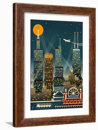 Chicago Illinois - Retro Skyline (no text) - Lantern Press Original Poster-Lantern Press-Framed Art Print