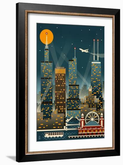 Chicago Illinois - Retro Skyline (no text) - Lantern Press Original Poster-Lantern Press-Framed Art Print