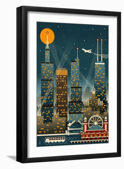Chicago Illinois - Retro Skyline (no text) - Lantern Press Original Poster-Lantern Press-Framed Art Print