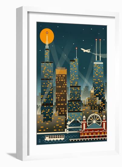 Chicago Illinois - Retro Skyline (no text) - Lantern Press Original Poster-Lantern Press-Framed Art Print