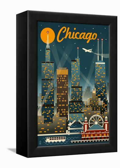 Chicago Illinois - Retro Skyline-Lantern Press-Framed Stretched Canvas