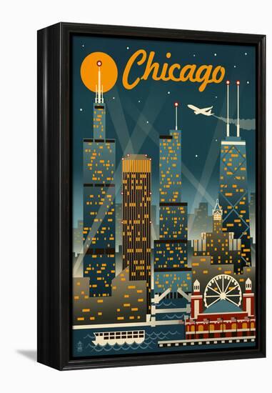 Chicago Illinois - Retro Skyline-Lantern Press-Framed Stretched Canvas