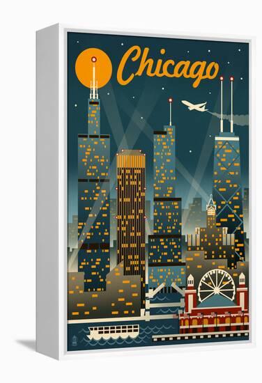 Chicago Illinois - Retro Skyline-Lantern Press-Framed Stretched Canvas