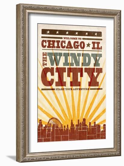 Chicago, Illinois - Skyline and Sunburst Screenprint Style-Lantern Press-Framed Art Print