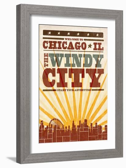 Chicago, Illinois - Skyline and Sunburst Screenprint Style-Lantern Press-Framed Art Print