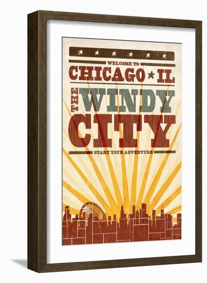 Chicago, Illinois - Skyline and Sunburst Screenprint Style-Lantern Press-Framed Art Print