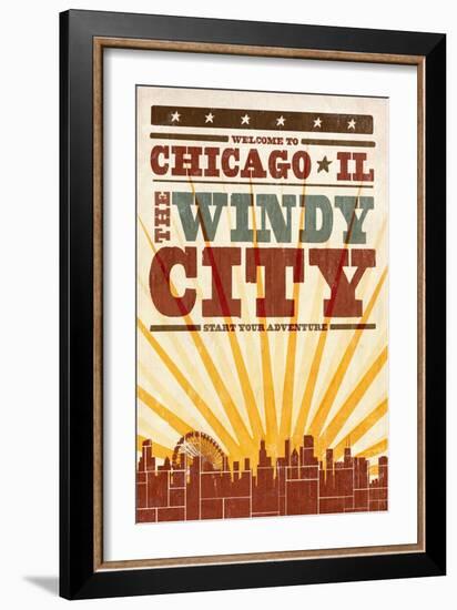 Chicago, Illinois - Skyline and Sunburst Screenprint Style-Lantern Press-Framed Art Print