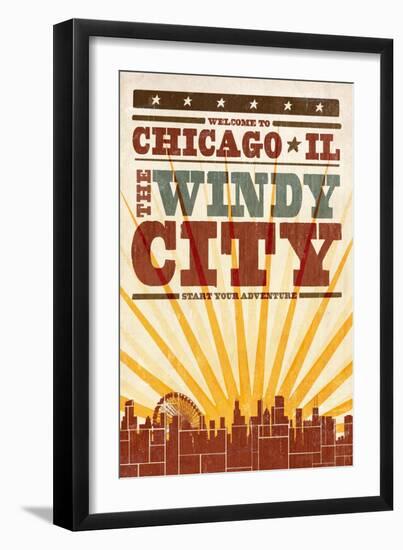 Chicago, Illinois - Skyline and Sunburst Screenprint Style-Lantern Press-Framed Art Print