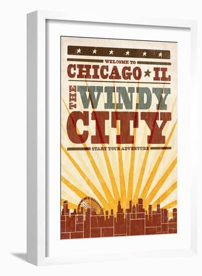 Chicago, Illinois - Skyline and Sunburst Screenprint Style-Lantern Press-Framed Art Print