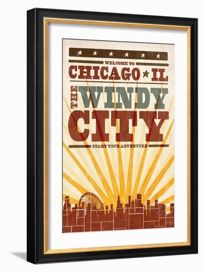 Chicago, Illinois - Skyline and Sunburst Screenprint Style-Lantern Press-Framed Art Print