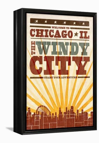 Chicago, Illinois - Skyline and Sunburst Screenprint Style-Lantern Press-Framed Stretched Canvas