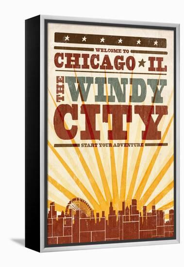 Chicago, Illinois - Skyline and Sunburst Screenprint Style-Lantern Press-Framed Stretched Canvas