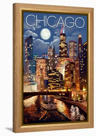 Chicago, Illinois - Skyline at Night-Lantern Press-Framed Stretched Canvas