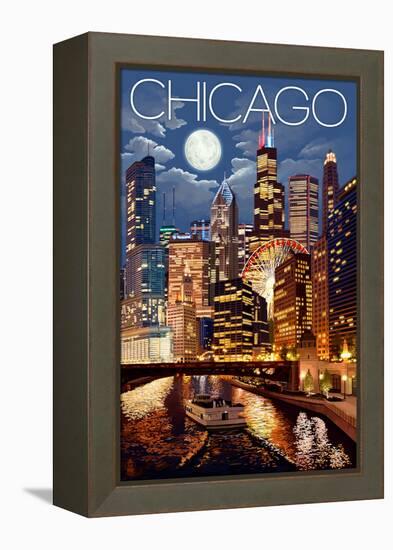 Chicago, Illinois - Skyline at Night-Lantern Press-Framed Stretched Canvas