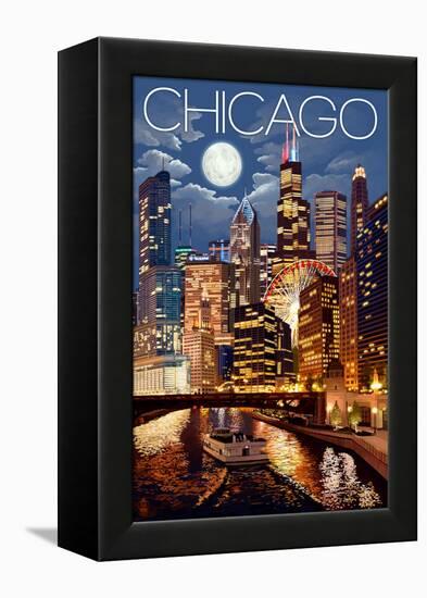 Chicago, Illinois - Skyline at Night-Lantern Press-Framed Stretched Canvas