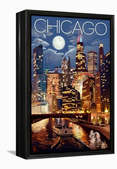 Chicago, Illinois - Skyline at Night-Lantern Press-Framed Stretched Canvas