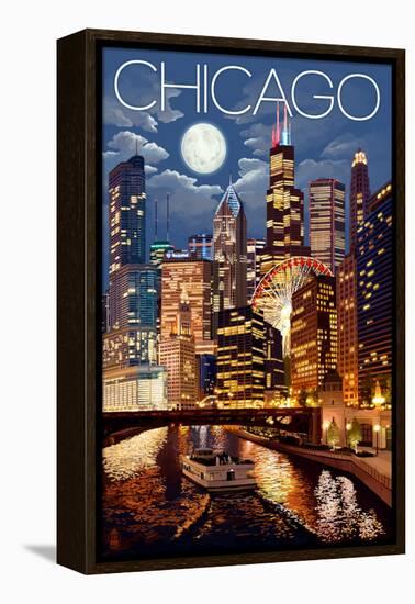 Chicago, Illinois - Skyline at Night-Lantern Press-Framed Stretched Canvas