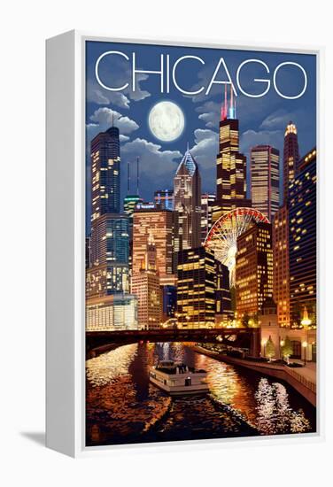 Chicago, Illinois - Skyline at Night-Lantern Press-Framed Stretched Canvas