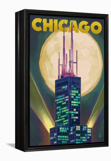 Chicago, Illinois - Willis Tower and Full Moon-Lantern Press-Framed Stretched Canvas