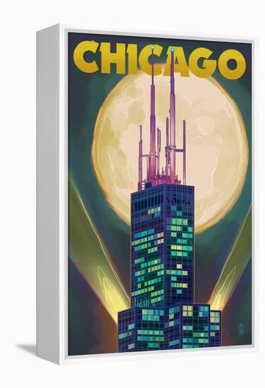 Chicago, Illinois - Willis Tower and Full Moon-Lantern Press-Framed Stretched Canvas