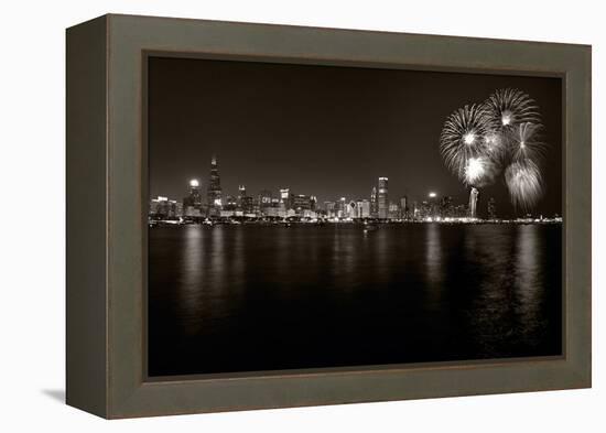 Chicago Lakefront Skyline With Fireworks BW-Steve Gadomski-Framed Premier Image Canvas