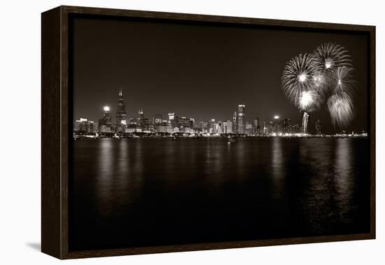 Chicago Lakefront Skyline With Fireworks BW-Steve Gadomski-Framed Premier Image Canvas