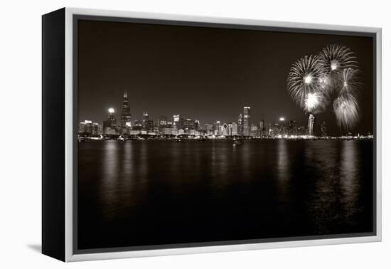 Chicago Lakefront Skyline With Fireworks BW-Steve Gadomski-Framed Premier Image Canvas