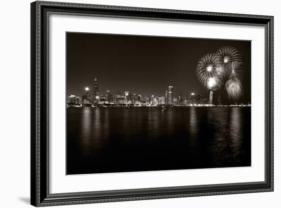 Chicago Lakefront Skyline With Fireworks BW-Steve Gadomski-Framed Photographic Print