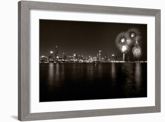 Chicago Lakefront Skyline With Fireworks BW-Steve Gadomski-Framed Photographic Print