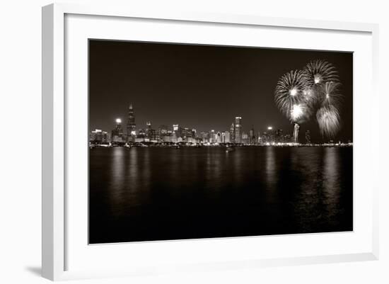 Chicago Lakefront Skyline With Fireworks BW-Steve Gadomski-Framed Photographic Print