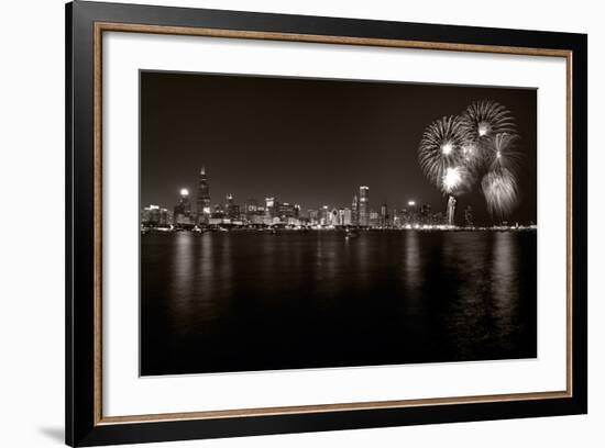 Chicago Lakefront Skyline With Fireworks BW-Steve Gadomski-Framed Photographic Print