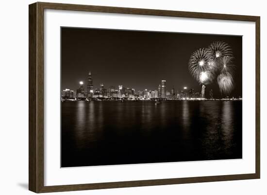 Chicago Lakefront Skyline With Fireworks BW-Steve Gadomski-Framed Photographic Print