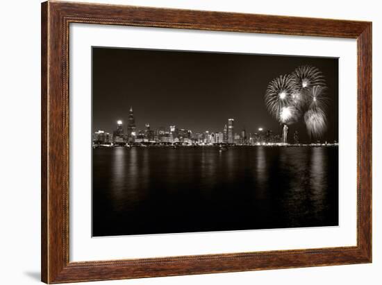 Chicago Lakefront Skyline With Fireworks BW-Steve Gadomski-Framed Photographic Print
