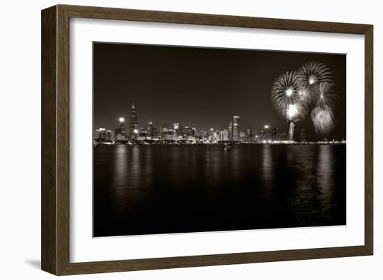 Chicago Lakefront Skyline With Fireworks BW-Steve Gadomski-Framed Photographic Print