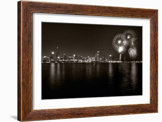 Chicago Lakefront Skyline With Fireworks BW-Steve Gadomski-Framed Photographic Print