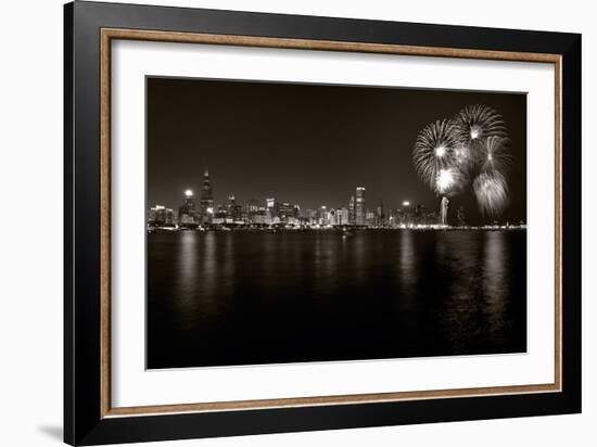 Chicago Lakefront Skyline With Fireworks BW-Steve Gadomski-Framed Photographic Print