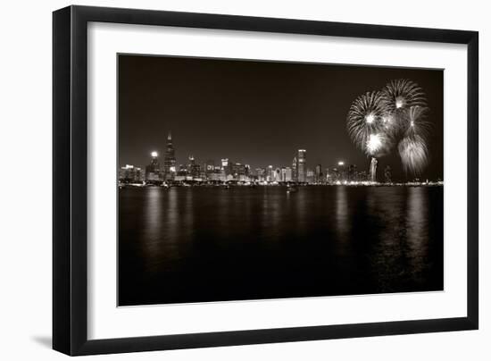 Chicago Lakefront Skyline With Fireworks BW-Steve Gadomski-Framed Photographic Print