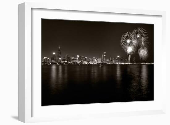 Chicago Lakefront Skyline With Fireworks BW-Steve Gadomski-Framed Photographic Print