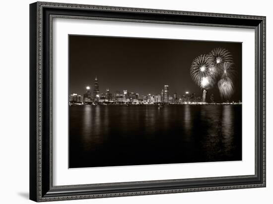 Chicago Lakefront Skyline With Fireworks BW-Steve Gadomski-Framed Photographic Print