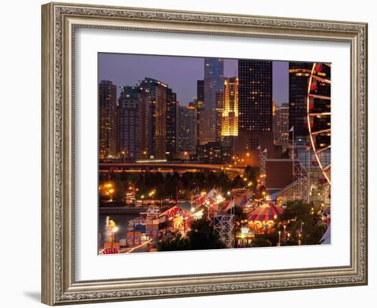 Chicago Navy Pier and Skyline at Night, Chicago, Illinois, Usa-Alan Klehr-Framed Photographic Print