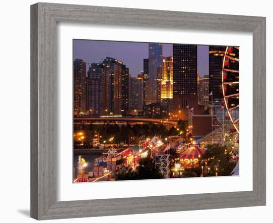 Chicago Navy Pier and Skyline at Night, Chicago, Illinois, Usa-Alan Klehr-Framed Photographic Print