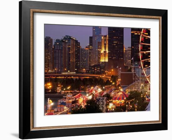 Chicago Navy Pier and Skyline at Night, Chicago, Illinois, Usa-Alan Klehr-Framed Photographic Print