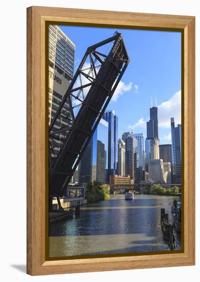 Chicago River and Downtown Towers, Willis Tower, Chicago, Illinois, USA-Amanda Hall-Framed Premier Image Canvas