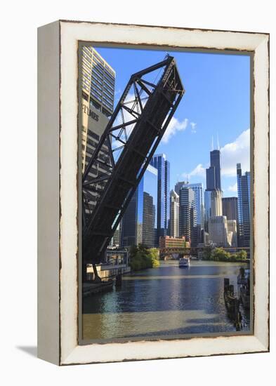 Chicago River and Downtown Towers, Willis Tower, Chicago, Illinois, USA-Amanda Hall-Framed Premier Image Canvas