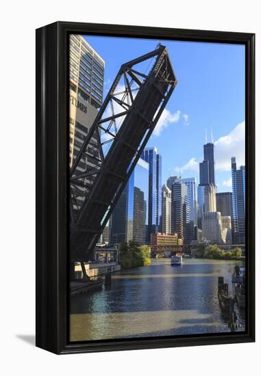 Chicago River and Downtown Towers, Willis Tower, Chicago, Illinois, USA-Amanda Hall-Framed Premier Image Canvas