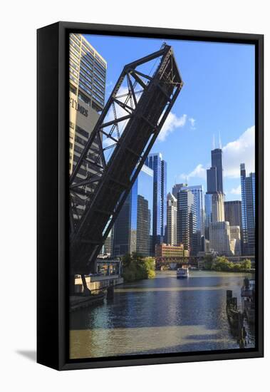 Chicago River and Downtown Towers, Willis Tower, Chicago, Illinois, USA-Amanda Hall-Framed Premier Image Canvas